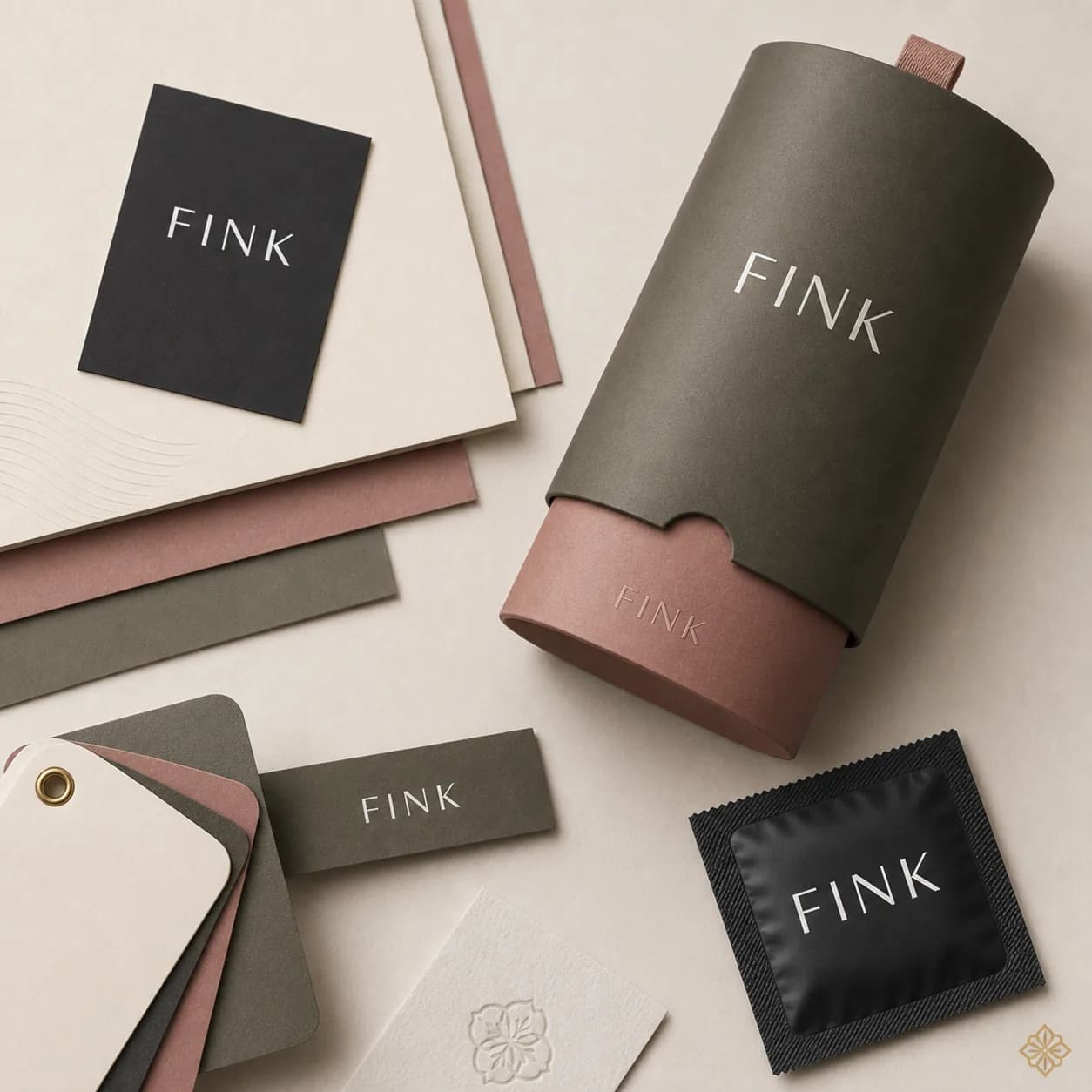 Quiet flatlay of Fink intimate-wellness materials and packaging