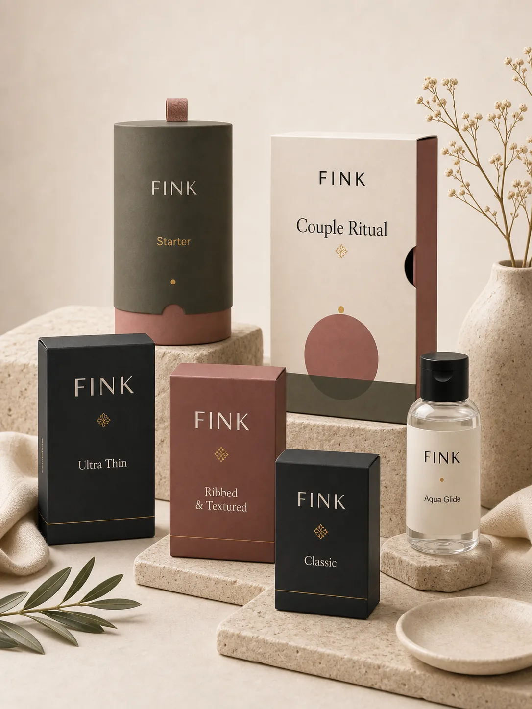 The complete Fink product family arranged in a studio still life