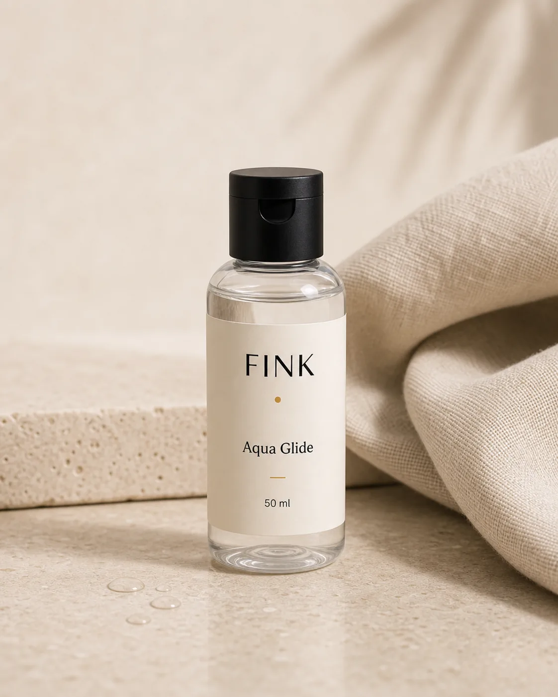 Fink Aqua Glide water-based lubricant bottle beside a folded linen napkin