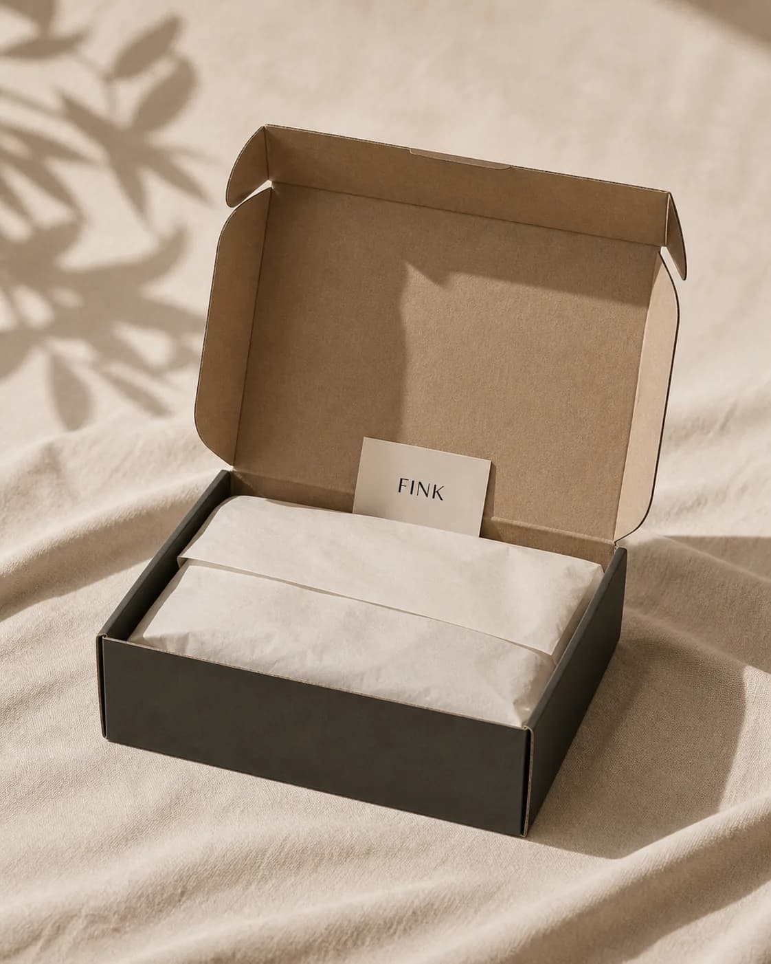 A plain, unbranded Fink box on a cool, dry linen surface