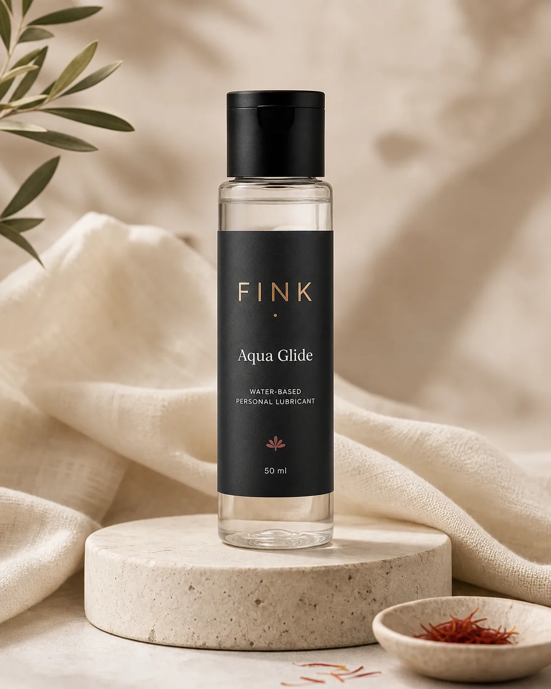 Fink Aqua Glide 50 ml water-based lubricant bottle beside folded linen