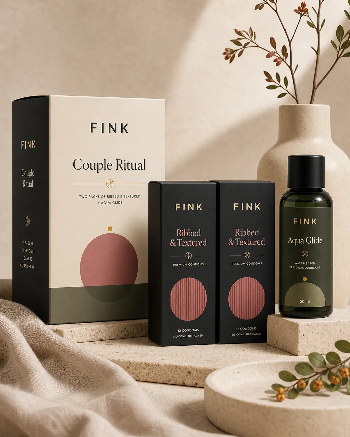 Fink Couple Ritual bundle - Ribbed and Textured packs with Aqua Glide arranged on linen